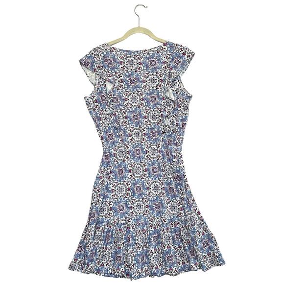 LOFT Medallion Ruffle Flare Dress NWT Women's Sz S Blue White Flowy Stretch - Picture 2 of 8